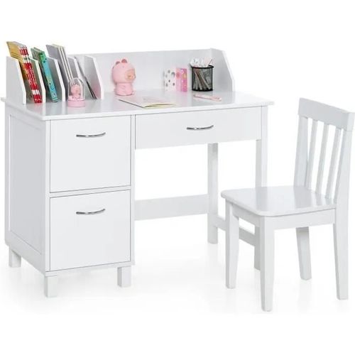 Costway Bureau Enfants Avec Chaise Et Rangement : Tiroir & Niche & Placards. Table En Bois Pour Fille/Garçon 4-8 Ans Blanc
