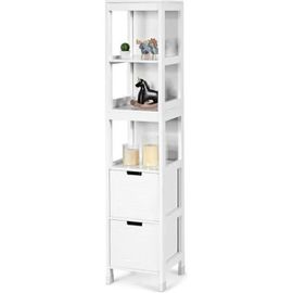 Costway Colonne De Salle De Bain Meuble De Rangement Imperméable En Bois Avec 2 Tiroirs,4 Couches De Stockage 30,5x30,5x145cm Blanc