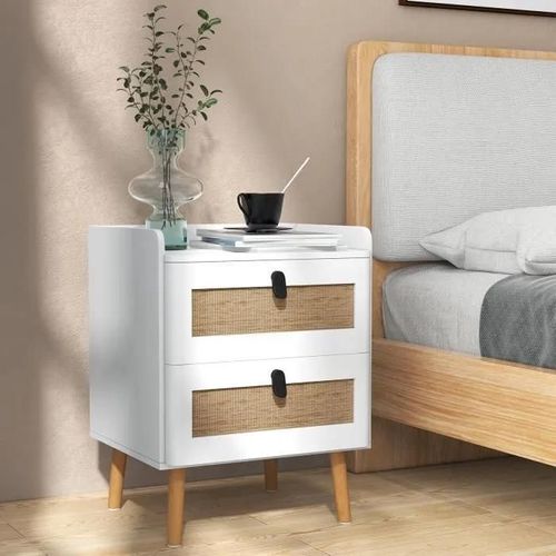 Costway Table De Chevet Avec 2 Tiroirs En Rotin, Table D'appoint Contemporain, Pour Chambre, Salon, 45 X 40 X 57 Cm Blanc