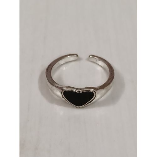 Bague Métal Argenté,Coeur Noir,Bague Ouverte Taille 17