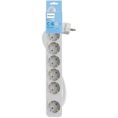 Philips Regletas CHP2164W - Multiprise 6 Prises, câble de 1,5 m, Interrupteur Principal, Fermeture de sécurité Automatique,