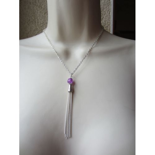 Collier Violet Et Argenté Avec Pendentif En Pompon