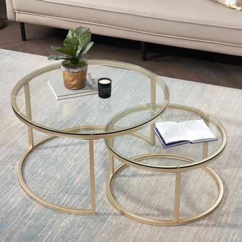 Table Basse Scandinave Table Gigogne Table D'appoint 2 Pièces Avec Surface En Verre Et Pieds En Métal, Ronde