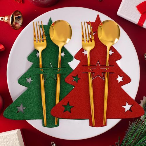 Porte Couverts De Noël, 8 Pièces Sac À Couverts En Feutre Sapin De Noël Paniers À Couvert Decoration De Table Noël, Rouge Vert Couteaux Fourchettes Cuillères Vaisselle Sacs À Couverts De Dîn[X221]