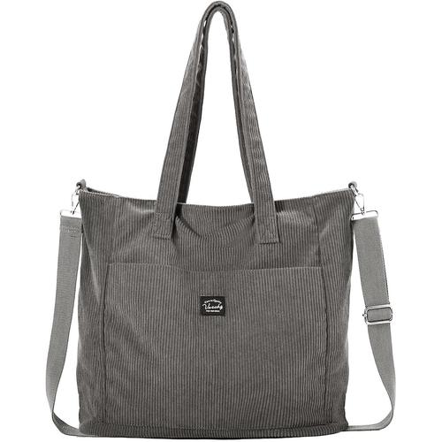 Cabas Femme,Léger Grand Sac Fourre Tout Femme en Velours Côtelé Multi-poches Tote Bag Zippée Sac à Main avec Bandoulière Amovible pour Travail École Voyage.[I989]