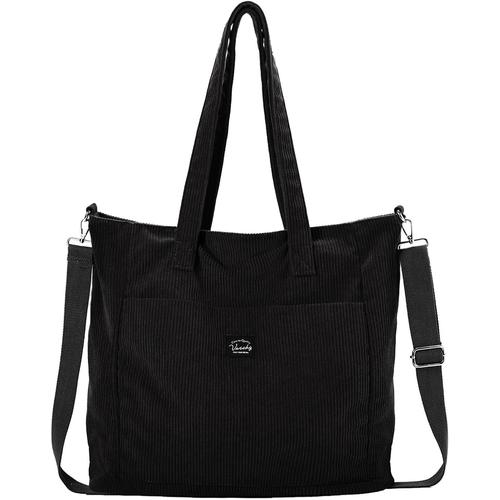 Cabas Femme,Léger Grand Sac Fourre Tout Femme en Velours Côtelé Multi-poches Tote Bag Zippée Sac à Main avec Bandoulière Amovible pour Travail École Voyage.[I996]