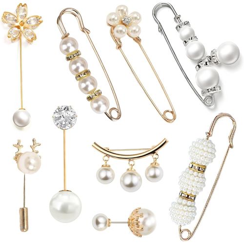 9 Pièces Mode Broche De Perle Simulée, Broche En Perle Artificielle Pinces De Sécurité En Fausses Perles Cristal Châle Clips Épingles De Robe, Pour Pantalon Foulard Vêtements Et Col[X247]