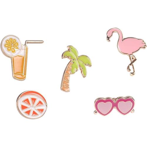 Broche / Pin's En Métal - Lot De 5 - Palmier Cocktail Lunettes De Soleil Flamant Rose, Émail, Sans Pierre.[X258]