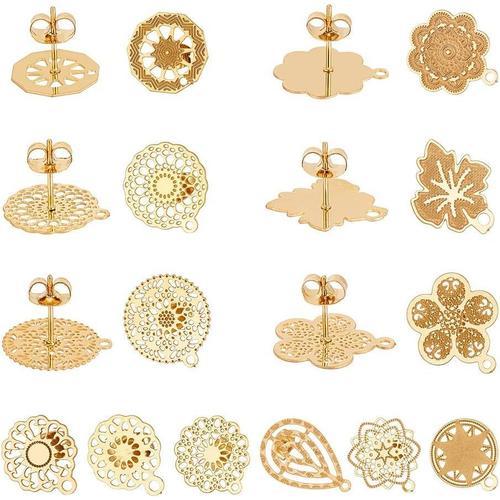 24 Pcs 12 Styles Boucles D'oreilles Dorées Résultats 304 Composant De Goujon D'oreille En Acier Inoxydable Avec Boucle Bouchons Papillon 0.7mm Broche Formes Mixtes Boucle D'oreille[X818]