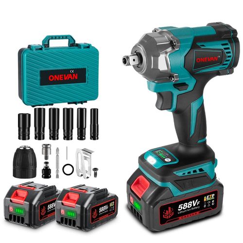 Yofidra-Clé à chocs sans fil Brushless ONEVAN 1200Nm, 4 vitesses 1/2" Boulonneuse a Choc avec 588vf Batterie - Boîte avc 12pcs Accessoires(2 batterie¿