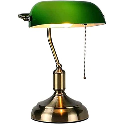 Lampe De Banquier Traditionnelle Lampe De Bureau En Métal Antique Avec Chainette Abat-Jour En Verre Vert Lampe De Chevet Pour Chambre À Coucher - Finition En Laiton Lampe De Table.[G1056]