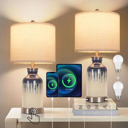 Lot De 2 Lampes De Table Avec Connecteurs Usb A + Type-C 2 Ampoules Led Dimmables, Abat-Jour Blanc Pour Salon, Chambre À Coucher, Bureau.[G763]