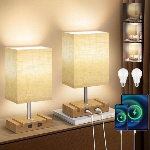 Lampes De Table 2er Set Lampe De Table Avec Connecteurs Usb A + Type-C 2 Ampoules Ledlampe De Table Moderne Avec Abat-Jour Lin Pour Salon, Bureau (Couleur Bois).[G1263]