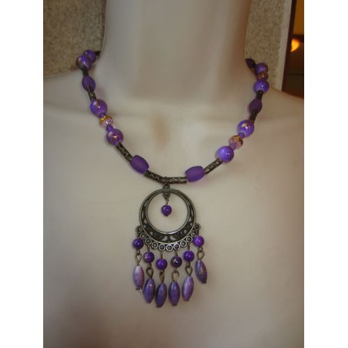 Collier Violet Et Bronze Avec Pendentif