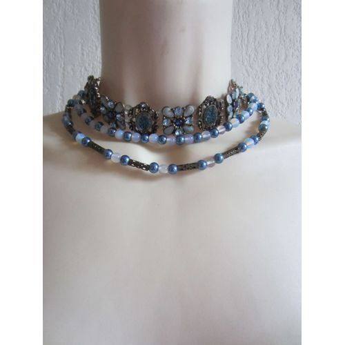 Collier À 3 Rangs Bleu Et Bronze Avec Opales