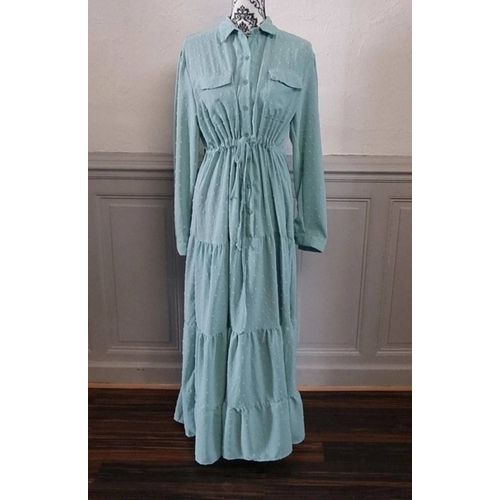 Robe Été Longue Manche Longue Couleur Vert D'eau Col Chemise Taille 38