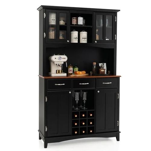 Costway Buffet De Cuisine Avec Large Comptoir, Armoire En Verre Trempé, Porte-Bouteilles, Étagères Réglables, 3 Tiroirs, Noir