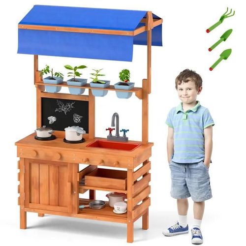 Costway Cuisine Enfants 3 Ans+ En Bois De Spin, Auvent Réglable En Hauteur Avec Tableau Noir, Tasses De Plantation 9 Accessoires