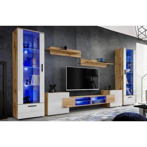 Meuble Tv Citadel Extreme Furniture - Led Bleues - Blanc Brillant & Bois Naturel - Façades En Brillant - L 350cm X H195cm X P42cm