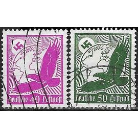 Allemagne, 3ème Reich 1934, Beaux Timbres De Poste Aérienne Yvert 48 Et 49, Grand Aigle, Globe Terrestre Et Croix Gammée, 40pf. Lilas Rose Et 50pf Vert Foncé, Oblitéré, Tbe.