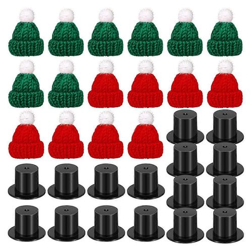 Les Mini Chapeaux De Poupée 32pcs Comprennent 16 Mini Chapeaux De Père Noël À Tricoter Et 16 Chapeaux Haut-De-Forme En Plastique Miniature De Chapeau De Noël En Plastique Noir