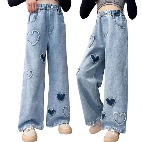 Filles Large Jambe Denim Pantalon Taille Élastique Pantalon Coeur Motif Imprimé Jeans Pour Vacances Casual Wear School-Hy