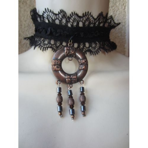 Collier Ras Du Cou En Dentelle Noire Avec Pendentif