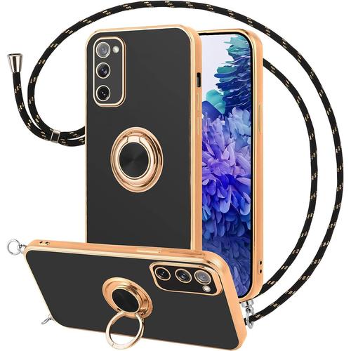 Coque Pour Samsung Galaxy S20 Fe 5g 6.5'' Avec Cordon, Etui Housse Galvanisé Silicone Antichoc Avec Collier Bandoulière Chaîne Et 360 Degrés Totatif Anneau De Support, Souple Case Cover, Noir