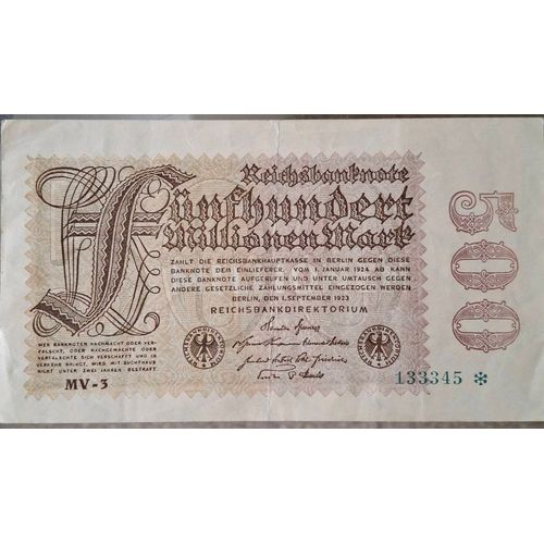 Allemagne 500 Millionen Mark 01-09-1923 Uniface