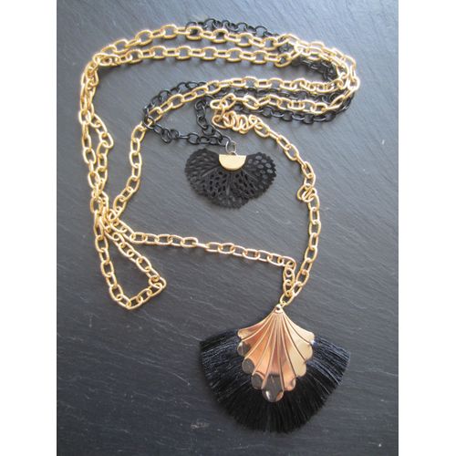 Sautoir Noir Et Doré Avec Pompons