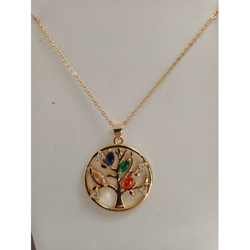 Collier Plaquage Or Un Micron Avec Pendentif Rond Arbre De Vie T 45 Cm