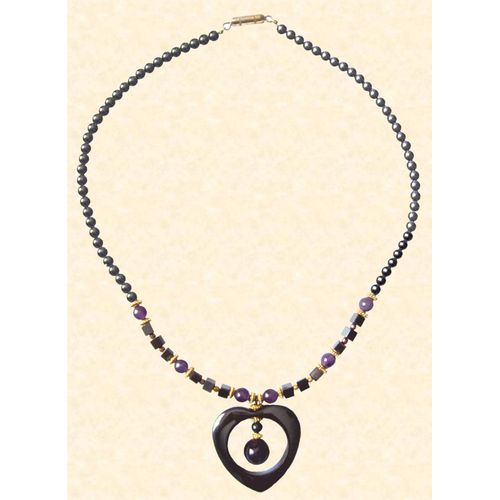 Pendentif Coeur + Collier En Pierre Fines (Hématite + Améthyste)