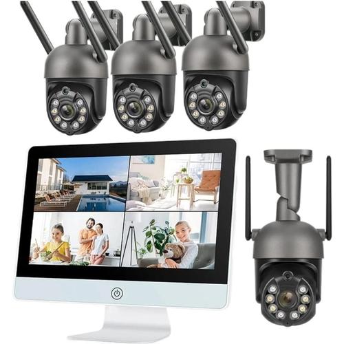 Caméra de surveillance, Techage, W128-PT815GW-30, moniteur LCD 30 cm, NVR 8 canaux, 4 caméras, WiFi, noir