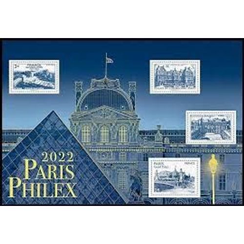 Salon Philatélique Paris-Philex Monuments : Palais De Challot, Du Luxembourg Et De L'elysée-Grand Palais (Reprise Anciens Timbres) Bloc Doré Feuillet 5595 Année 2022 N° 5595 5596 5597 5598 Yt Tel Luxe