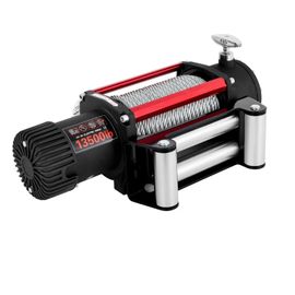 Treuil électrique, 13 500 lb, 27 m, 12 V, commande sans fil, acier, rouge