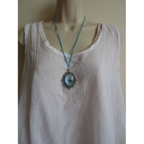 Collier Sautoir Avec Cabochon Bleu