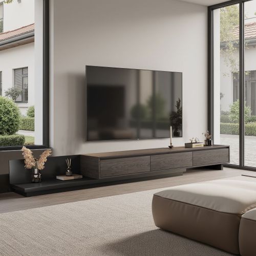 Meuble Tv Avec 3 Tiroirs, Meuble Tv Extensible, Longueur Ajustable De 200 À 330 Cm, Meuble Bas Pour Salon, Couleur Noyer Noir.