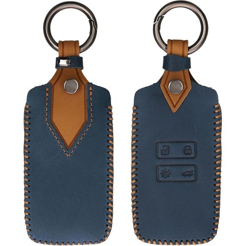 Accessoire Clef De Voiture Compatible Avec Renault Smart Key 4-Bouton (Keyless Go Uniquement) - Coque De Clé De Voiture En Simili Cuir - Bleu Marine-Marron Clair(Q1556)
