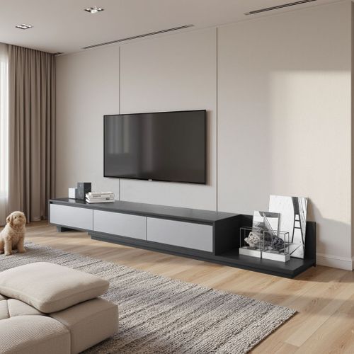 Meuble Tv Avec 3 Tiroirs, Meuble Tv Extensible, Longueur Ajustable De 200 À 330 Cm, Meuble Bas Pour Salon, Couleur Grise