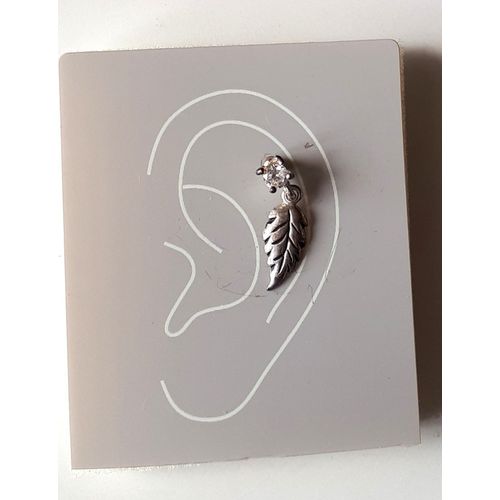 Bijou Pour Lobe D'oreille-Petite Plume Argentée Accrochée À Un Clou Avec Pierre Brillante-Hauteur 1cm-Bijou Six Jamais Porté