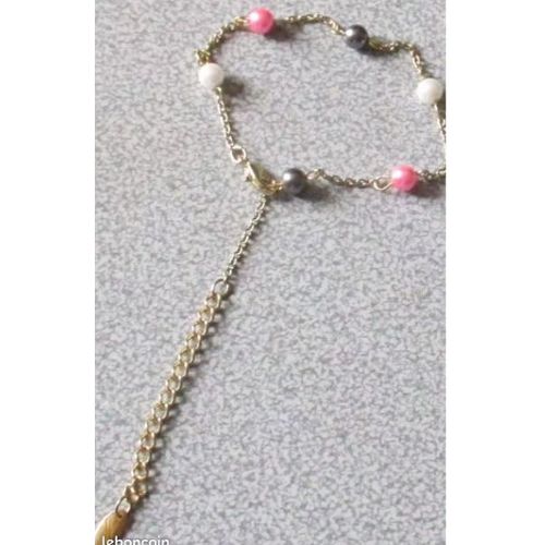 Bracelet Fin Fantaisie Daniel Hetcher - 6 Perles Grises, Roses Et Blanches Brillantes Reliées Par De Petites Chaines Dorées - Longueur 21cm + Chainette De Réglage De 5cm - Jamais Porté