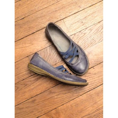 Chaussures Plates En Cuir Bleu Jean Avec 4 Elastiques Croisés Devant-Pointure 37
