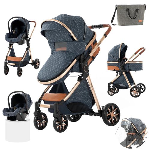 Poussette Pour Bébé, 3 En 1, Portable, Pliable, Multifonctionnelle, Bleue