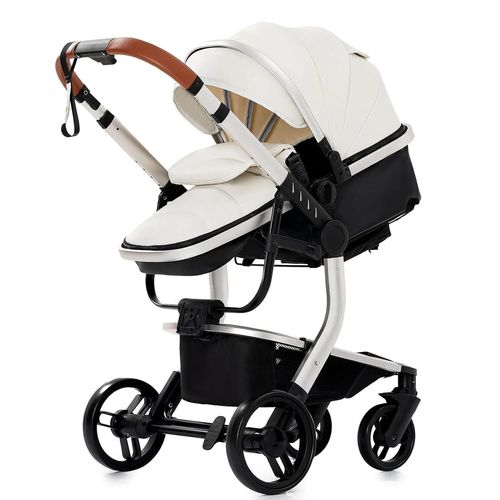 Poussette Pour Bébé, 3 En 1, Imperméable, Résistante Aux Taches, Pliable, Cadre En Alliage, Blanche
