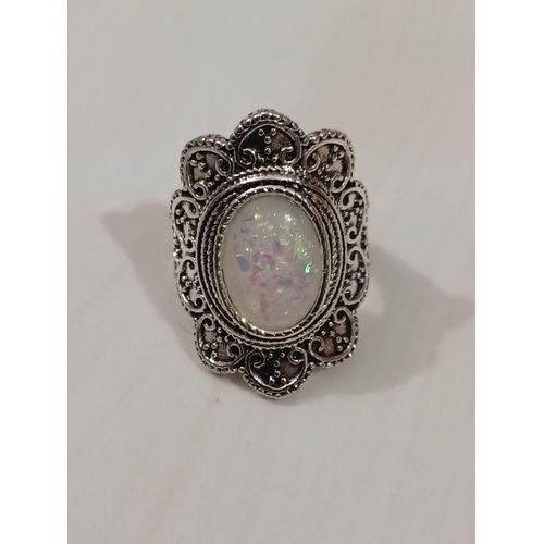 Bague Métal Argenté Et Résine Pailleté Multicolore,Taille 17.83