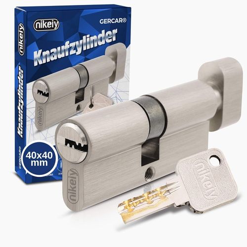 Pro Cylindre de serrure à bouton 40/40 Massif Avec bouton En laiton nickelé mat Avec 5 clés Clé réversible Longueur : 80 mm,A : 40 B : 40 1 x(Q322)