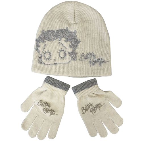 Set Bonnet Et Gants Enfant Betty Boop Beige Avec Broderies