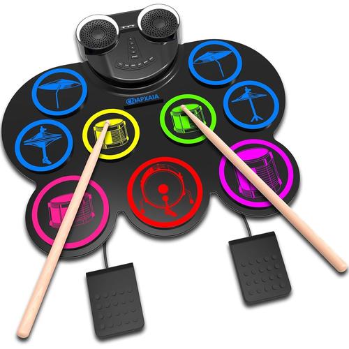 Batterie Électronique Portable,9 Pads En Silicone Batterie Enfant Avec Haut-Parleurs,Support Casque /Bluetooth /Midi,Idéal Cadeau De Batterie Musique Instrument Pour Adultes Débutant