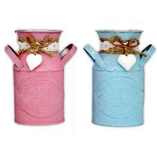 2PCS Shabby Chic Fleur Vase Étain Pichet Cruche Métal Mariage Home Decor, Bleu & Rose