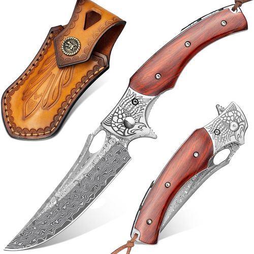 Couteau De Poche, Couteau Pliant Damas En 67 Couches D'acier Damassé Vg10, Couteau De Poche Damas Avec Lame Tranchante Et Manche En Bois (Bois De Rose)